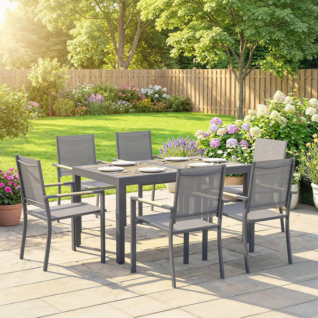 Outsunny Set Mobilier de Grădină 7 Piese Masă Aspect Lemn 6 Scaune Suprapuse din Textilenă 140x80x72cm Gri | Aosom Romania