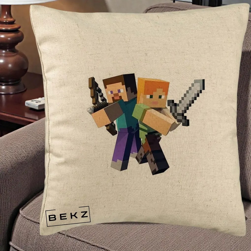 Perna Personalizata Minecraft Steve si Alex, 40x40 cm, Bej, Husa Detasabila, Perna Inclusa, BEKZ®