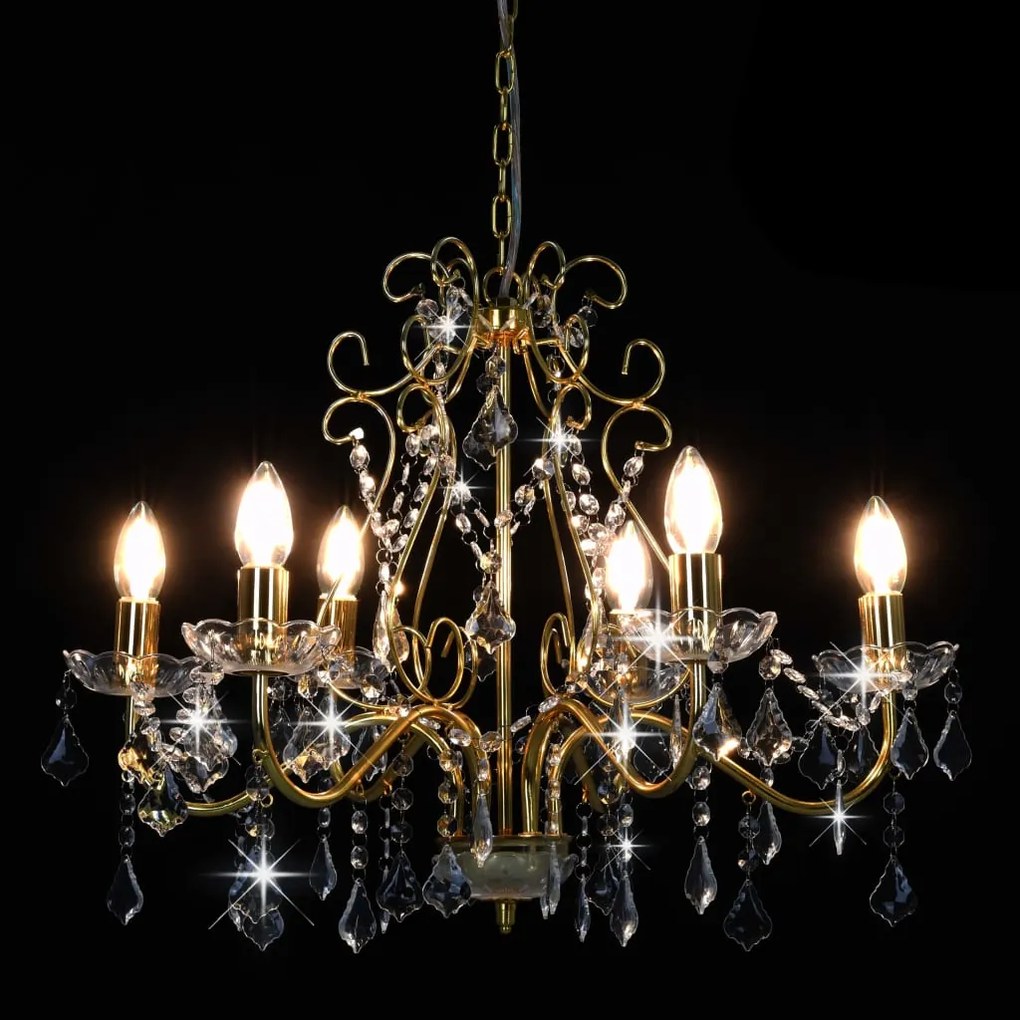 Candelabru cu margele de cristal, auriu, rotund, 6 x E14