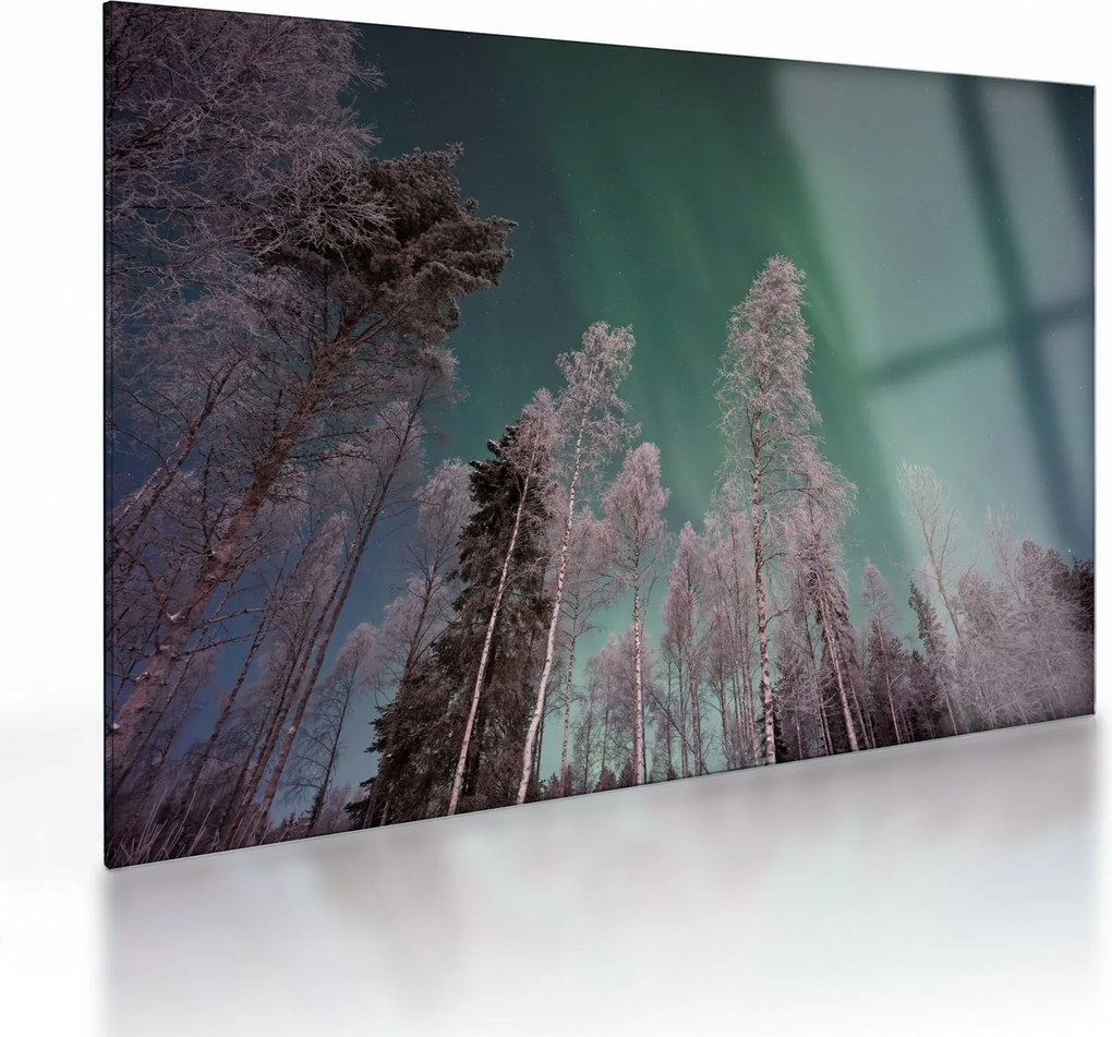 Tablou pe sticlă cu aurora borealis deasupra pomilor înghețați (70x50 cm)