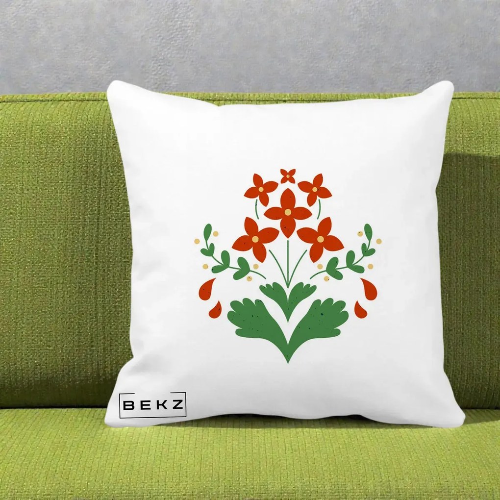 Perna Decorativa Buchet Floral Folk Rosu-Verde, 40x40 cm, Alba Mata, Husa Detasabila, Perna Inclusa, BEKZ®