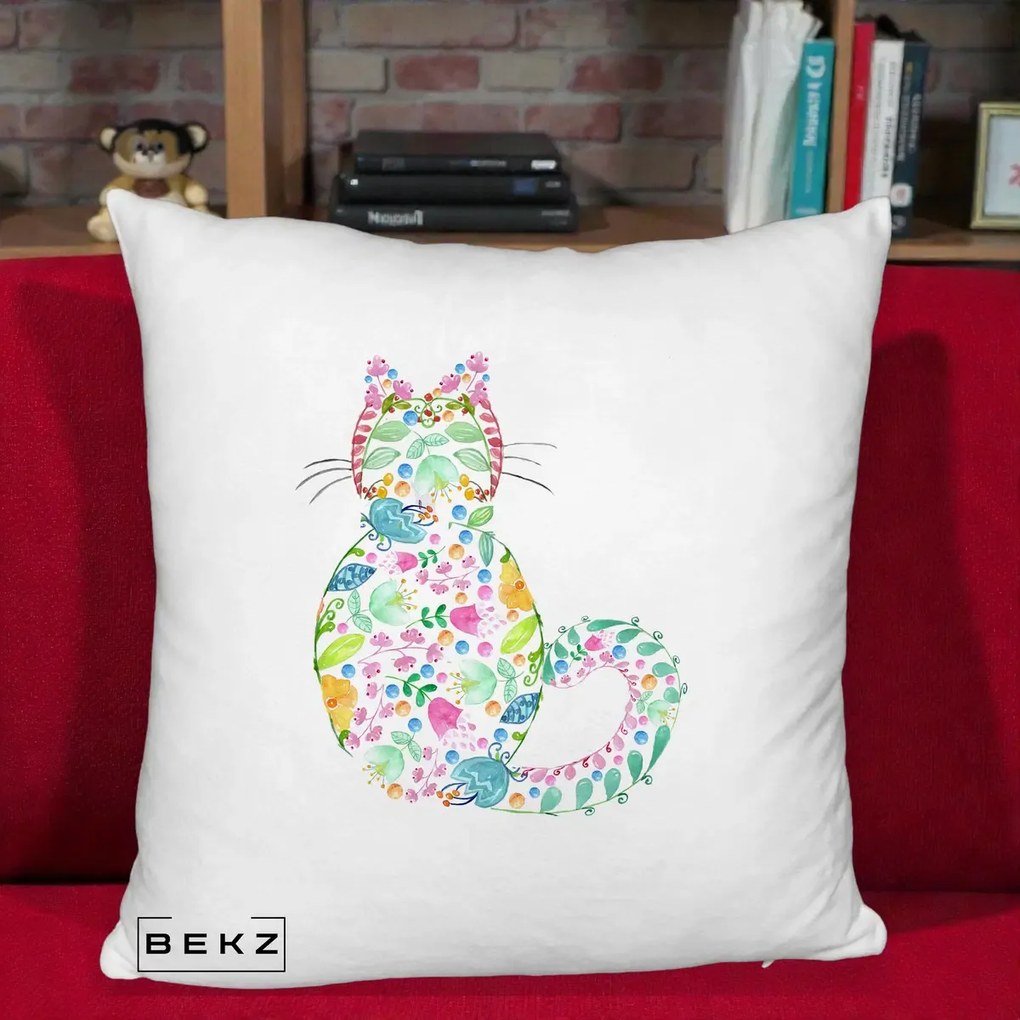 Perna Decorativa Pisica Florala Acuarela, 40x40 cm, Alb Pufos, Husa Detasabila, Perna Inclusa, BEKZ®
