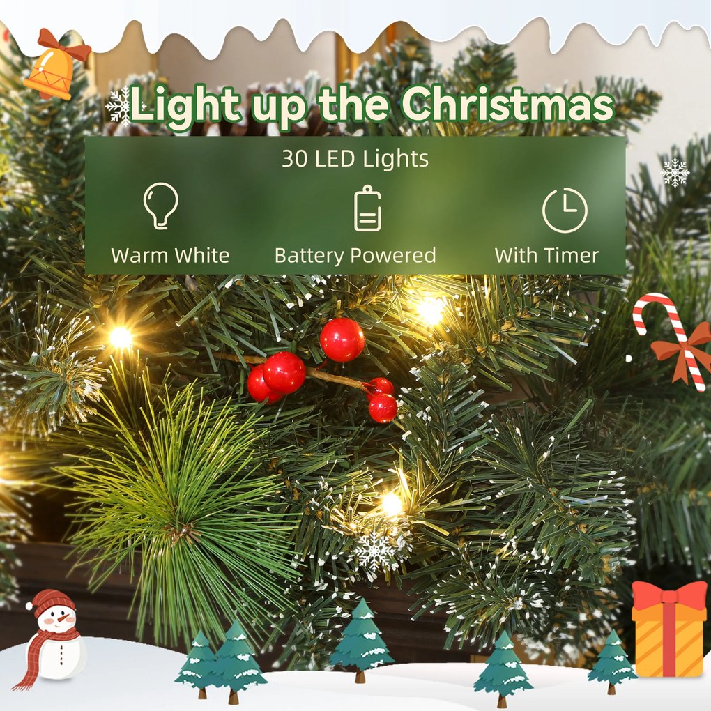 HOMCOM Ghirlandă de Crăciun 183 cm cu Crengi Înzăpezite și 30 de Lumini Albe, Conuri și Boabe pentru Interioare | Aosom Romania