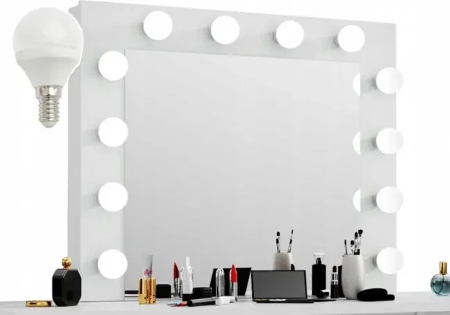 Masuta machiaj cu Oglinda LED si 6 Sertare pentru Cosmetice, Set Masa toaleta 130 cm, Alb Lucios, masuta cosmetica, vanity - SEA540