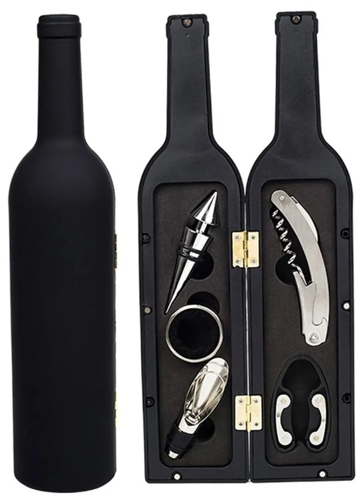 Set Cadou Accesorii Vin in forma de Sticla, 6in1 culoare Neagra