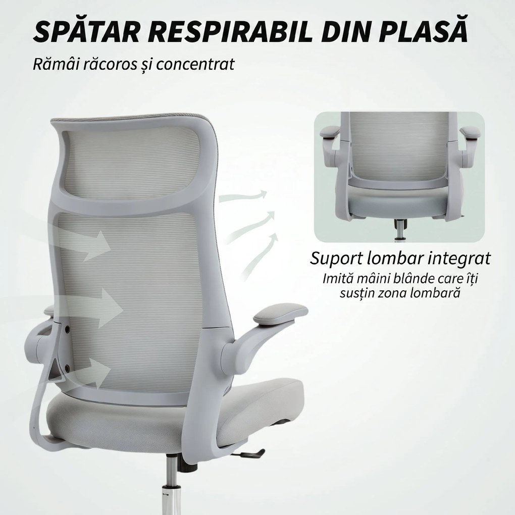 HOMCOM Scaun de birou ergonomic cu cotiere reglabile și tetieră, gri | Aosom Romania