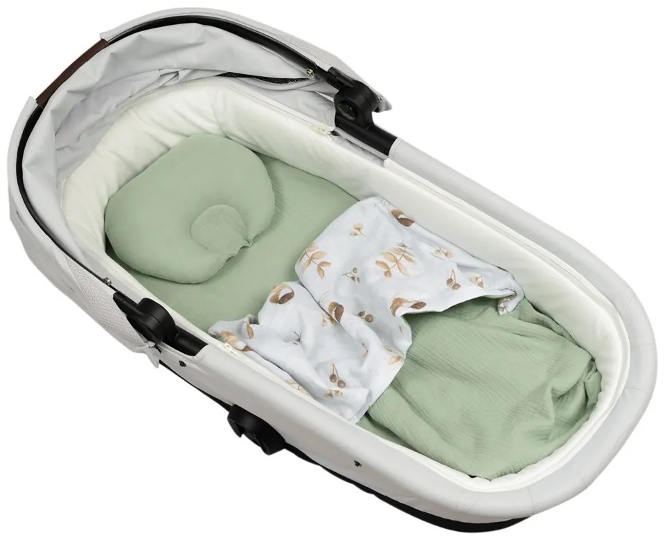 Lenjerie pentru landoul caruciorului din muselina Kidizi Birdy, include cearceaf, perna si paturica cu doua fete, bumbac 100%