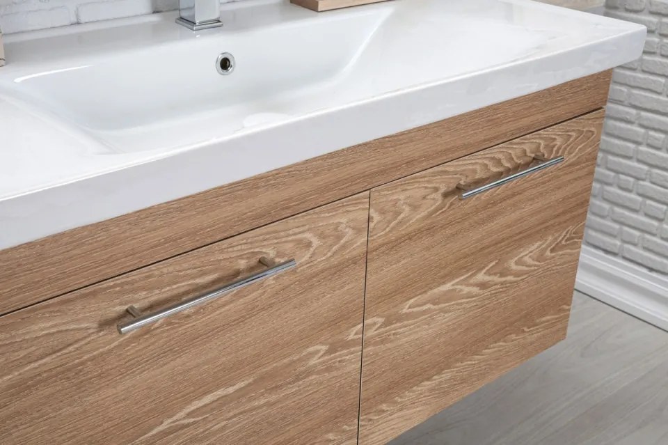 Set Mobilier Baie Sequoia 100, Include Baza Lavoar, Lavoar și Oglinda, 100 cm, Natural
