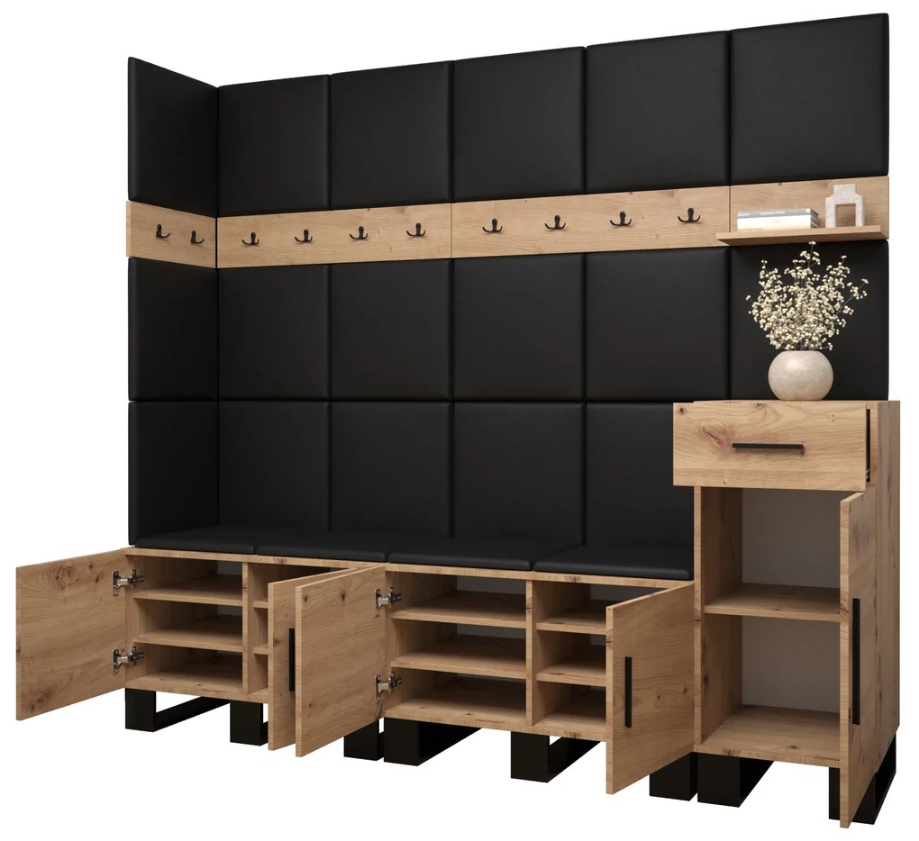 Set mobilier pentru hol Amanda 9 (Stejar artisan + piele ecologică Negru). 1085937