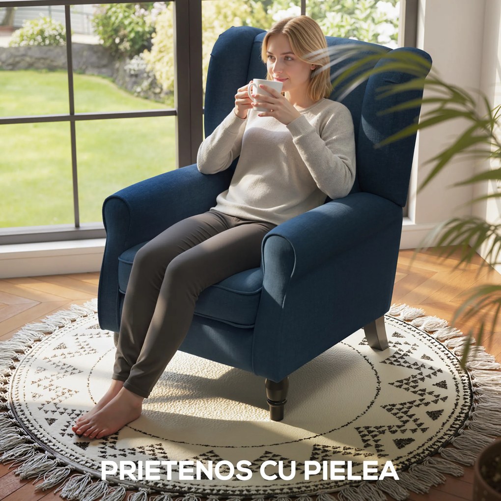 HOMCOM Scaun Decorativ Capitonat cu Spatar Inalt, Cotiere Rotunjite Captusite și Sezut cu Captuseala Groasa, Albastru | Aosom Romania