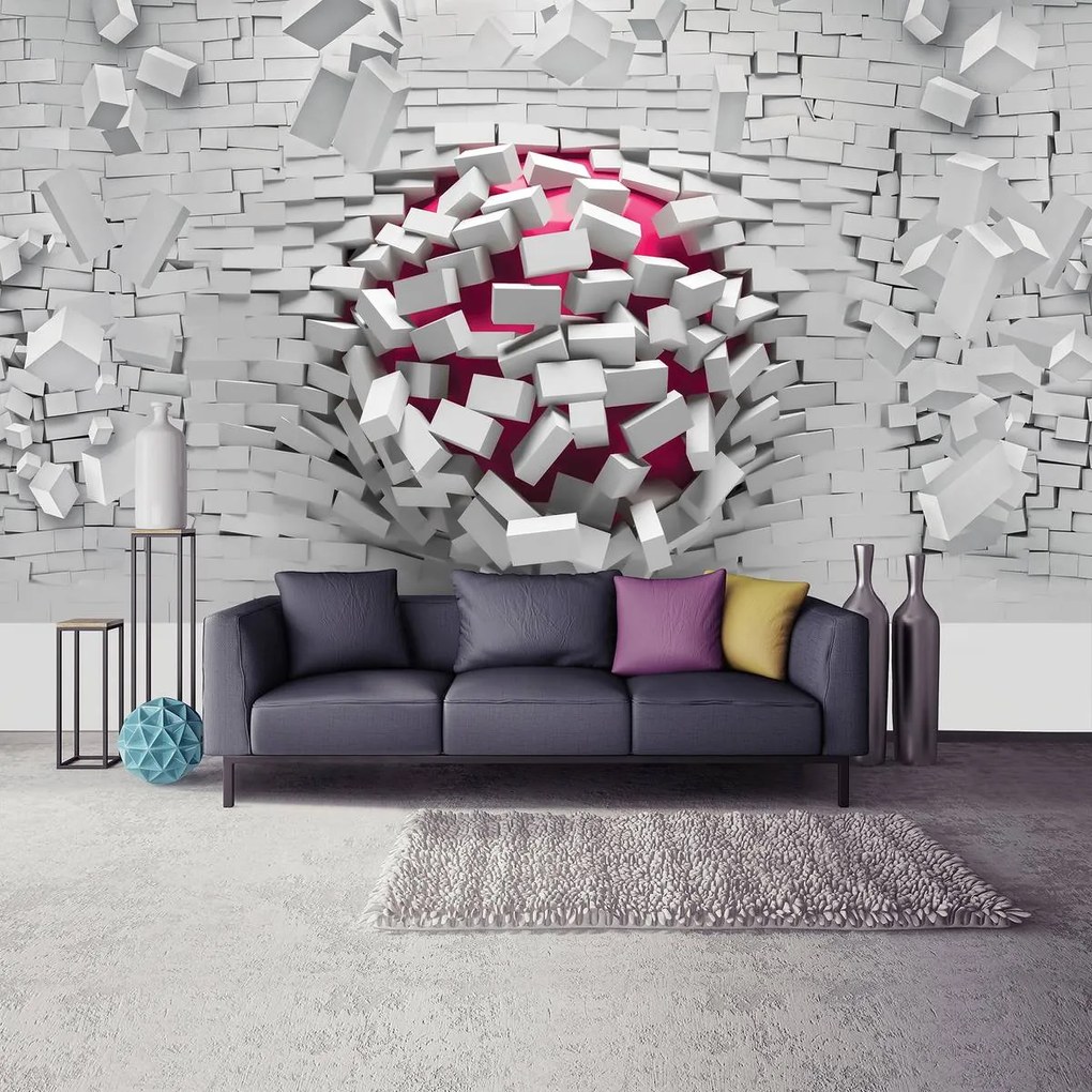 Fototapet - 3D minge cu perete alb din cărămizi (152,5x104 cm)