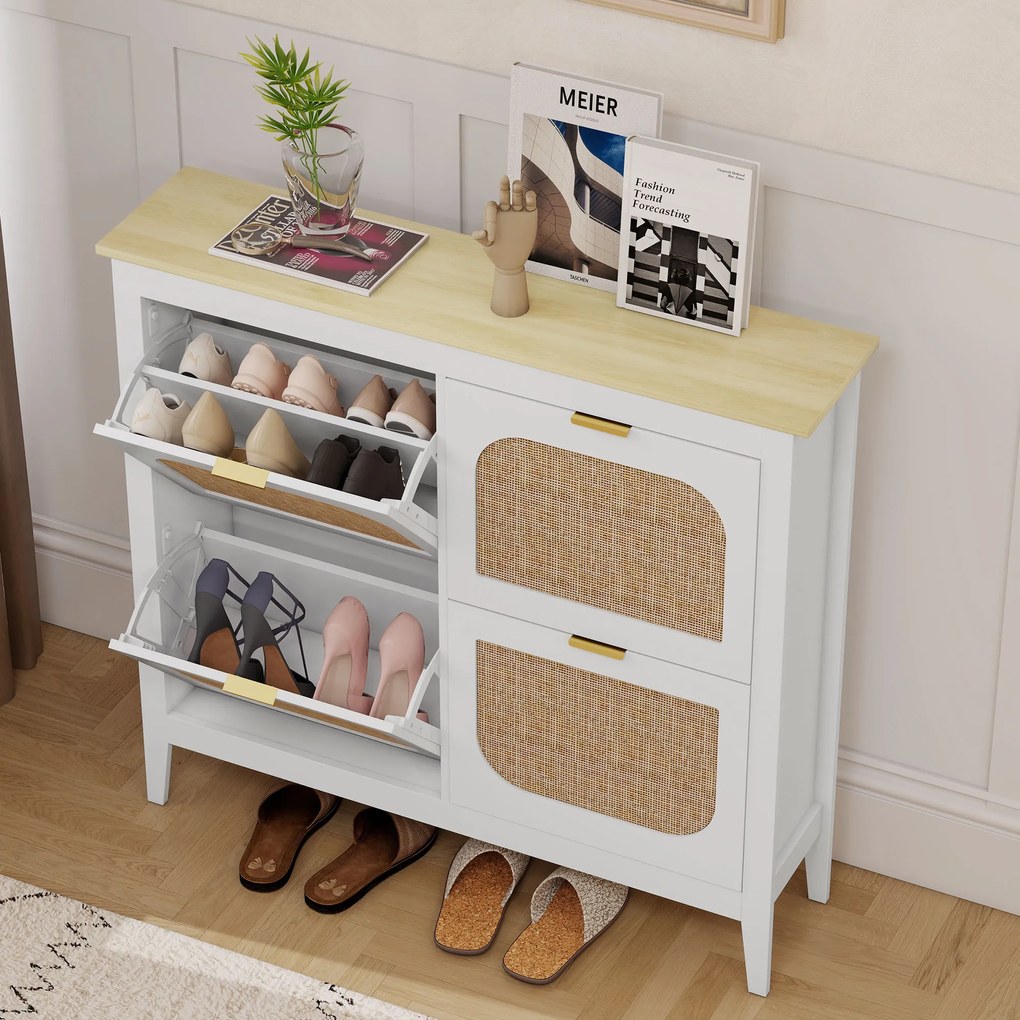 HOMCOM Zapatero Estrecho con 4 Puertas de Ratán Estantes Ajustables para 20 Pares de Zapatos 105x24x95,5 cm Alb | Aosom Romania