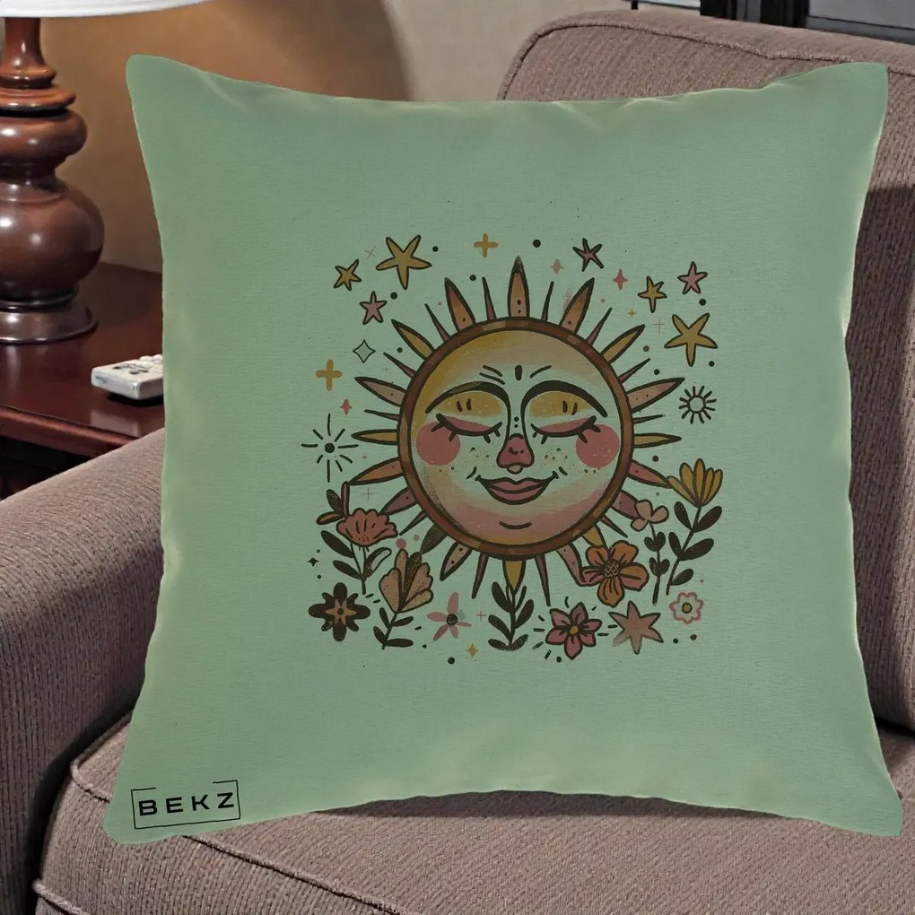 Perna Decorativa Soare Retro Boho Floral, 40x40 cm, Verde, Husa Detasabila, Perna Inclusa, BEKZ®