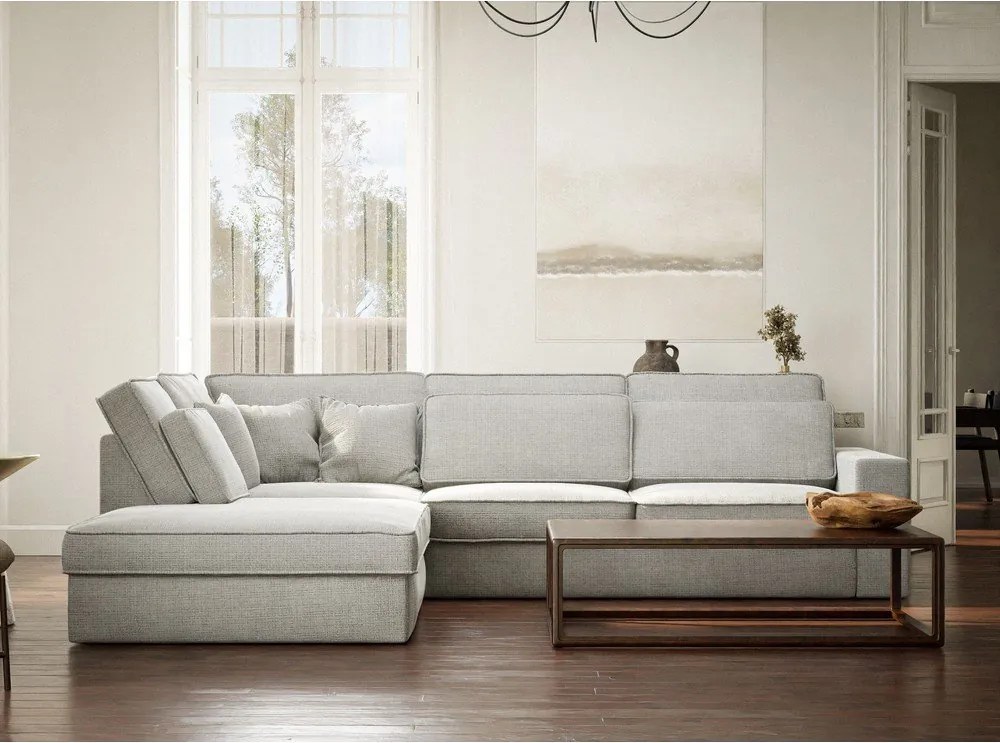 Colțar gri deschis cu tapițerie din chenille (cu colț pe partea stângă/în formă de ”L”) Kirou – Maison de Rêve