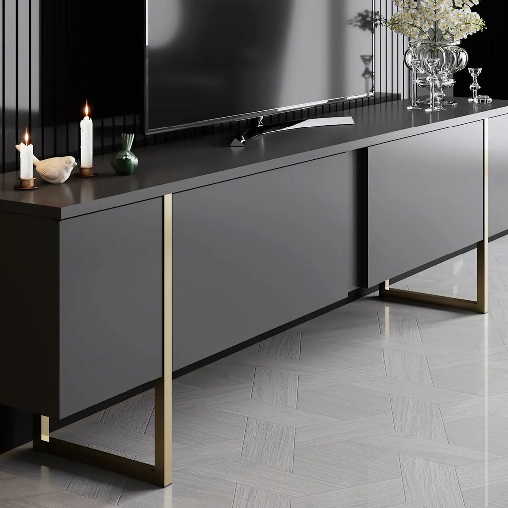 Comoda TV, Hanah Home, Luxe, 180x30x50 cm, Antracit / Aur