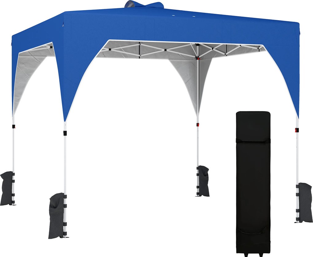 Outsunny Cort pliabil Pop-up 3x3 m cu blocare centrală înălţime reglabilă husă transport cu roţi şi saci de nisip albastru | Aosom Romania