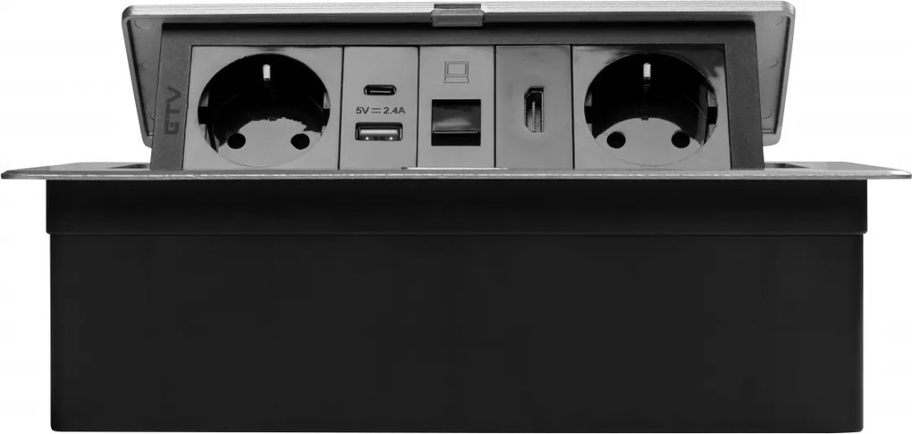 Priza incorporabila in blat Multi Soft GTV, 2 prize Schuko, USB A + C, HDMI, RJ45, aluminiu, 240 x 120 mm Aluminiu Plastic, Aluminiu, L:240 mm; l:120