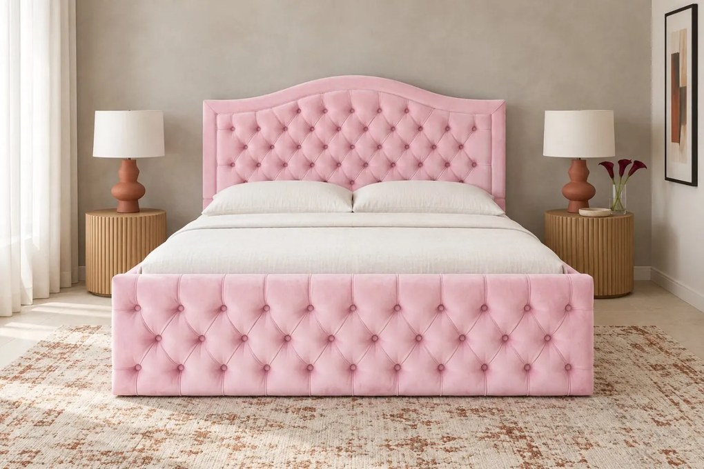 Pat tapițat Chesterfield din catifea Solaria Deluxe 120×200 cm, roz, cu ladă de depozitare