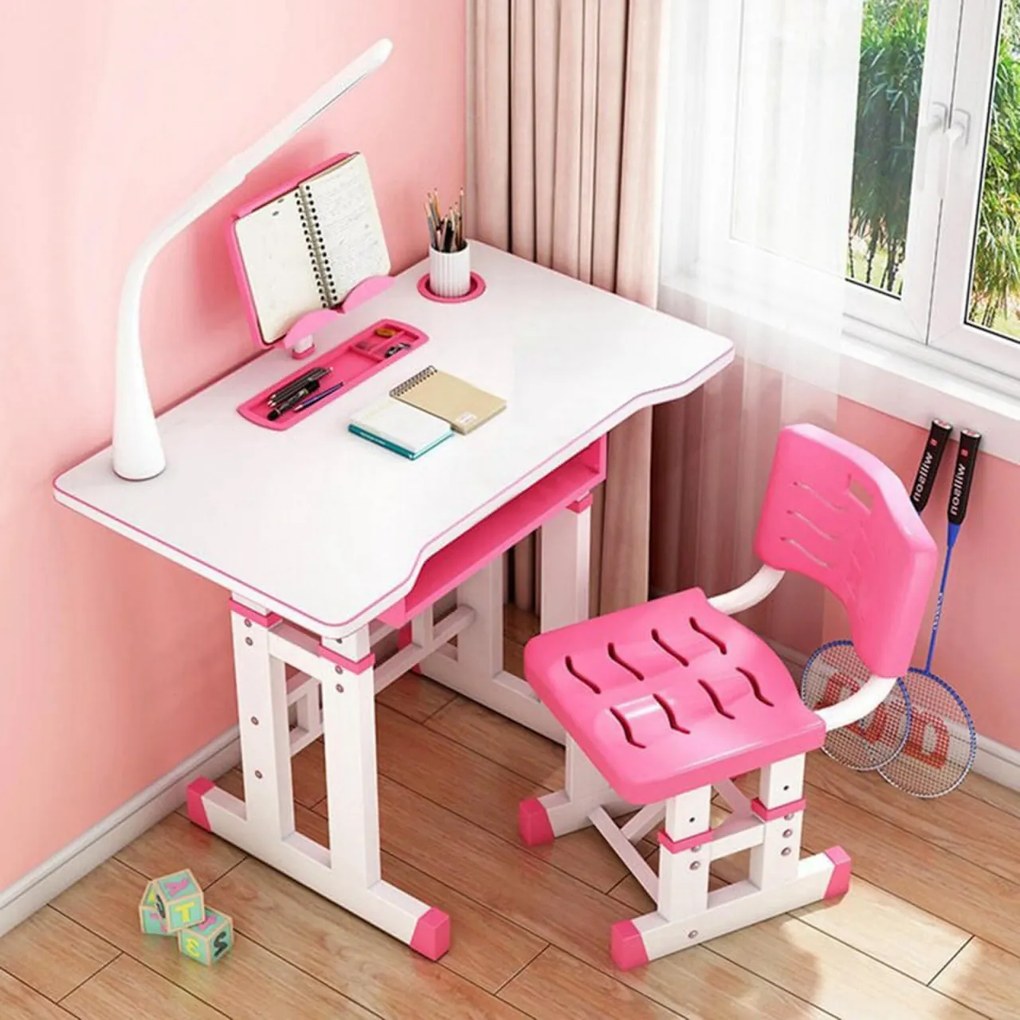 Birou copii din MDF cu lampa inclusa Novokids Premium desk, Dimensiuni 80X50X70, Cadru metalic, Roz cu Alb