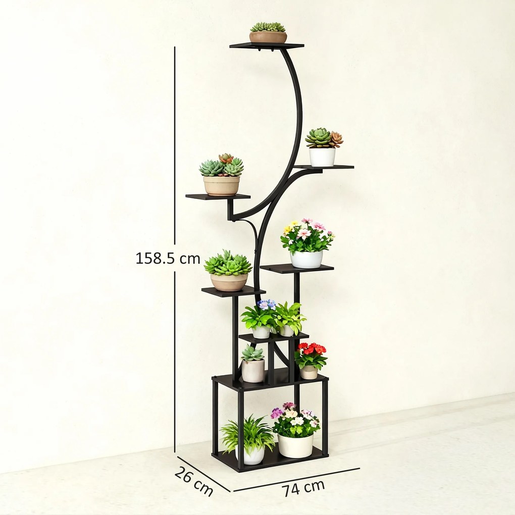 Outsunny Suport pentru Plante cu 8 Rafturi în Formă de S, Suport Ghivece Metalic pentru Interior și Exterior, pentru Grădină, Balcon, Terasă, Cameră de Zi, 74x26x158,5 cm, Negru | Aosom Romania