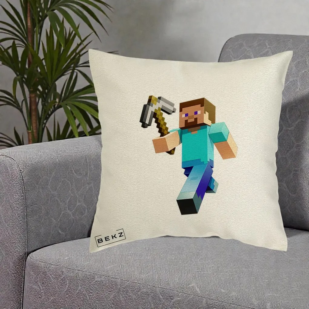 Perna Personalizata Minecraft Steve cu Tarnacop, 40x40 cm, Ecru, Husa Detasabila, Perna Inclusa, BEKZ®