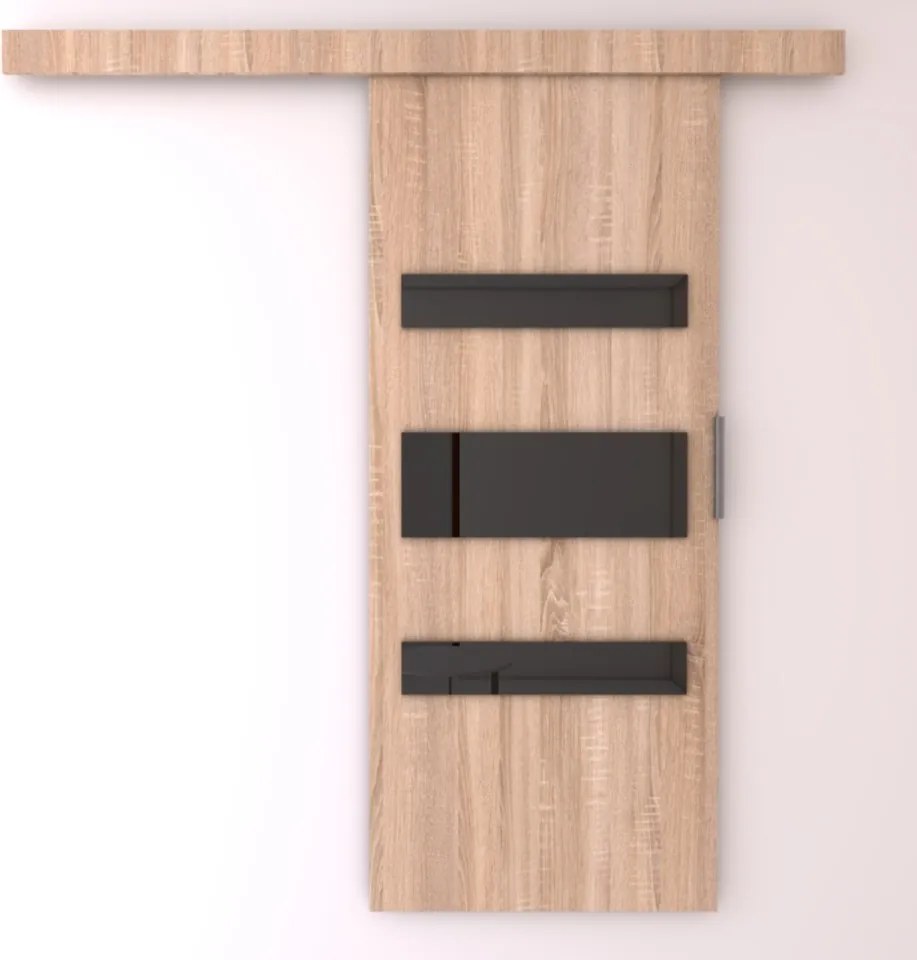 Usa glisanta Desio, ADRK Furniture (Latime: 86 cm, Culoare: Gri /Negru Lacobel)