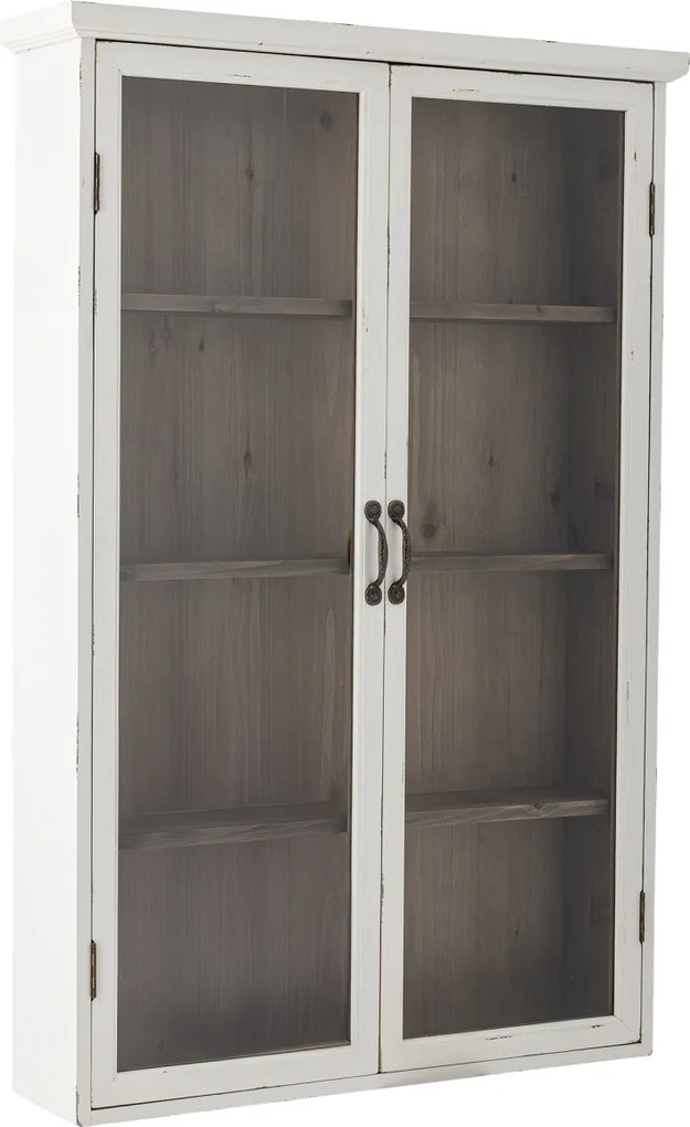 Dulap de perete din lemn masiv alb, cu 2 uși cu vitrină din sticlă și interior maro, „Hazem", 81 x 18 x 122 cm