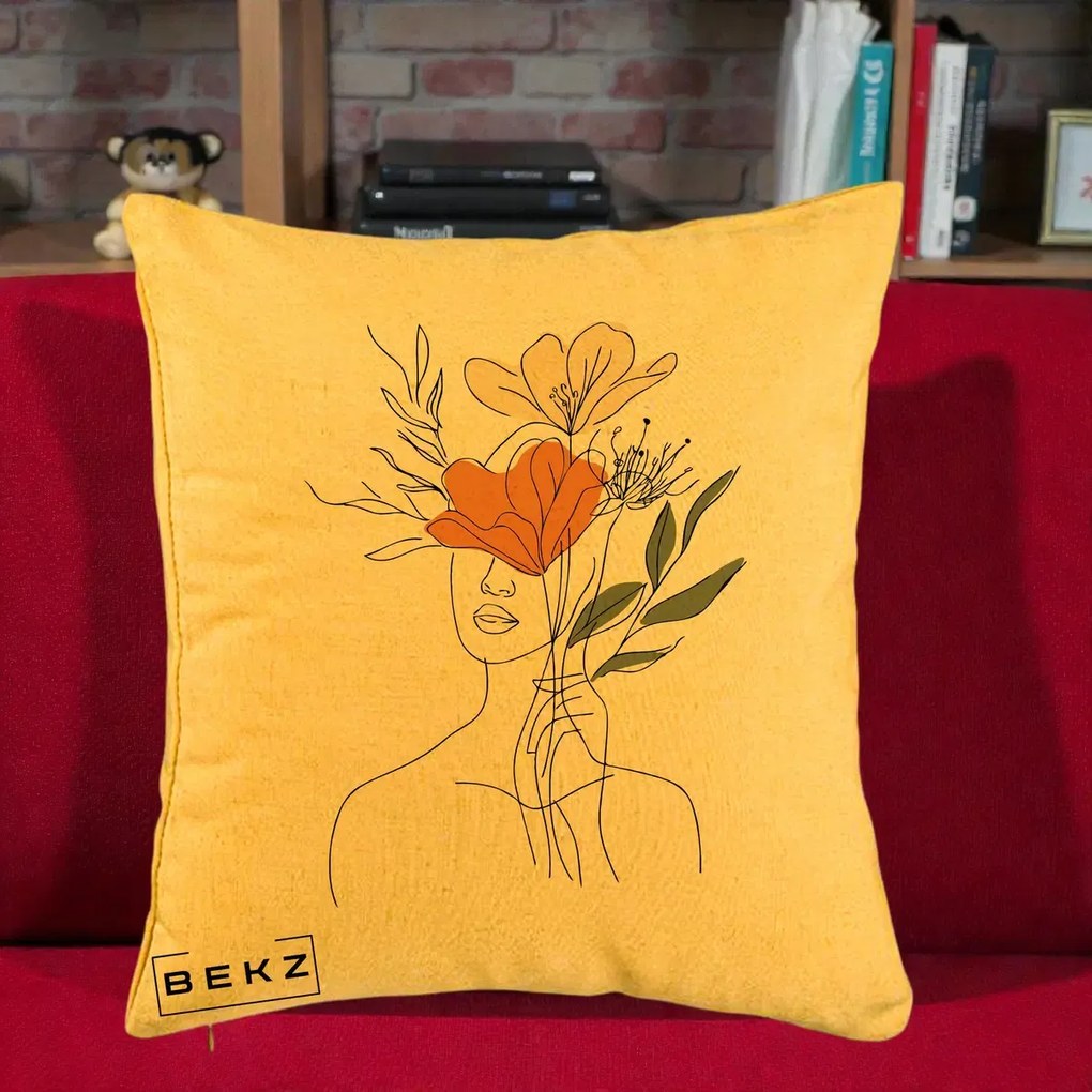 Perna Decorativa Portret Feminin Coroana Florala, 40x40 cm, Galben, Husa Detasabila, Perna Inclusa, BEKZ®