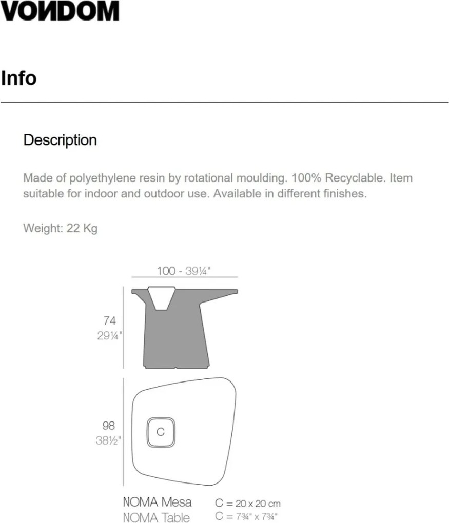 Masa de exterior / interior design modern premium MOMA TABLE 45100A Vondom
