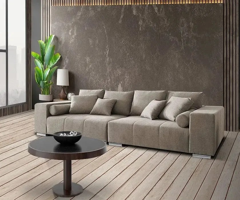 Canapea extensibilă dumonde cu ladă de depozitare si sezut confortabil din spuma high-density, Marbela Enjoy Camel XXL 295x100 cm cu taburet inclus