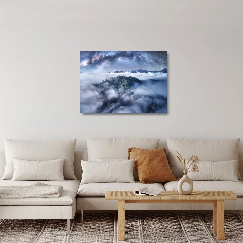 Tablou pe sticlă pădurii în ceață (70x50 cm)