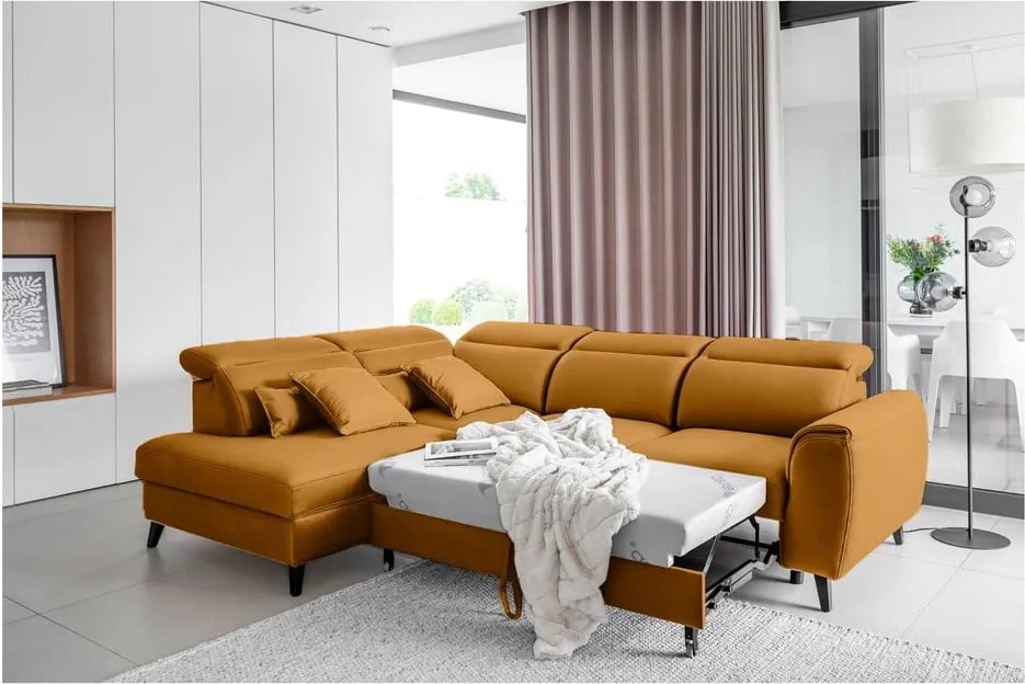 Colțar galben extensibil/cu spațiu de depozitare cu tapițerie din catifea (cu colț pe partea stângă/în formă de ”L”) Noble – ELTAP