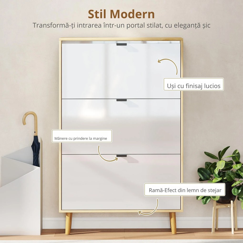 HOMCOM Dulap de pantofi subțire modern cu 3 sertare rabatabile pentru 24 de perechi de pantofi, Alb | Aosom Romania