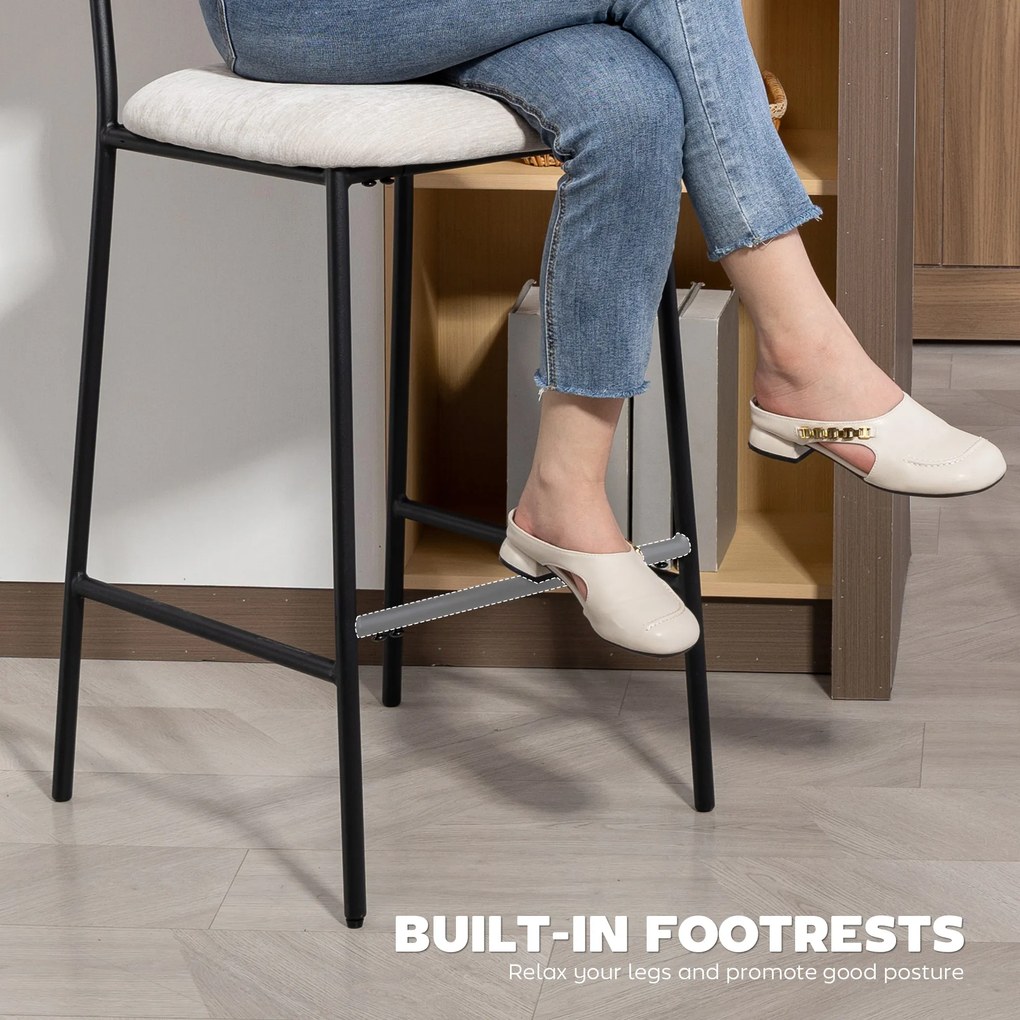 HOMCOM Set 2 Scaune de Bar, Scaune de Bucătărie Înalte în Chenille cu Spătar Înalt, Suport pentru Picioare și Sezut Moale Gros, Structură din Oțel, Scaune Înalte de Bar, pentru Peninsula, Sala de Mese, Bar, Crem | Aosom Romania