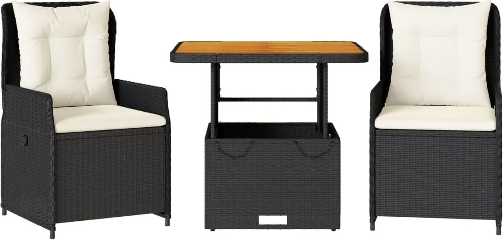 vidaXL Set bistro cu perne, 3 piese, negru, poliratan