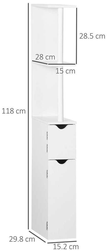 Kleankin Coloană pentru Baie cu 2 Rafturi, 2 Dulapuri, din MDF și PAL Vopsit, 15,2x29,8x118 cm, Alb | Aosom Romaniaamania