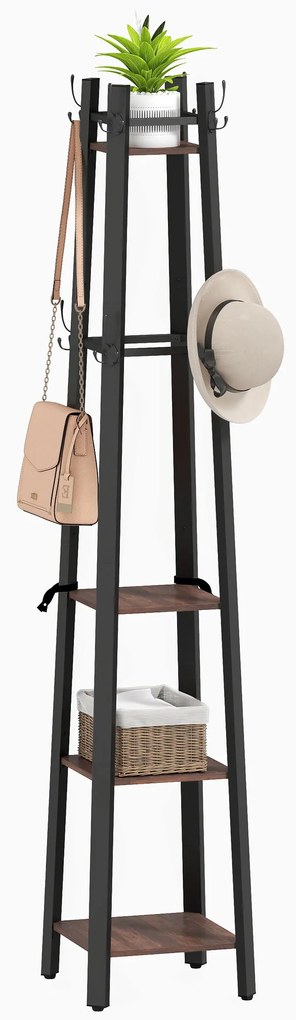 HOMCOM Suport pentru haine cu 4 nivele, stand pentru haine independent, 8 cârlige, 4 rafturi, stil industrial, metal, placă aglomerată, maro | Aosom Romania