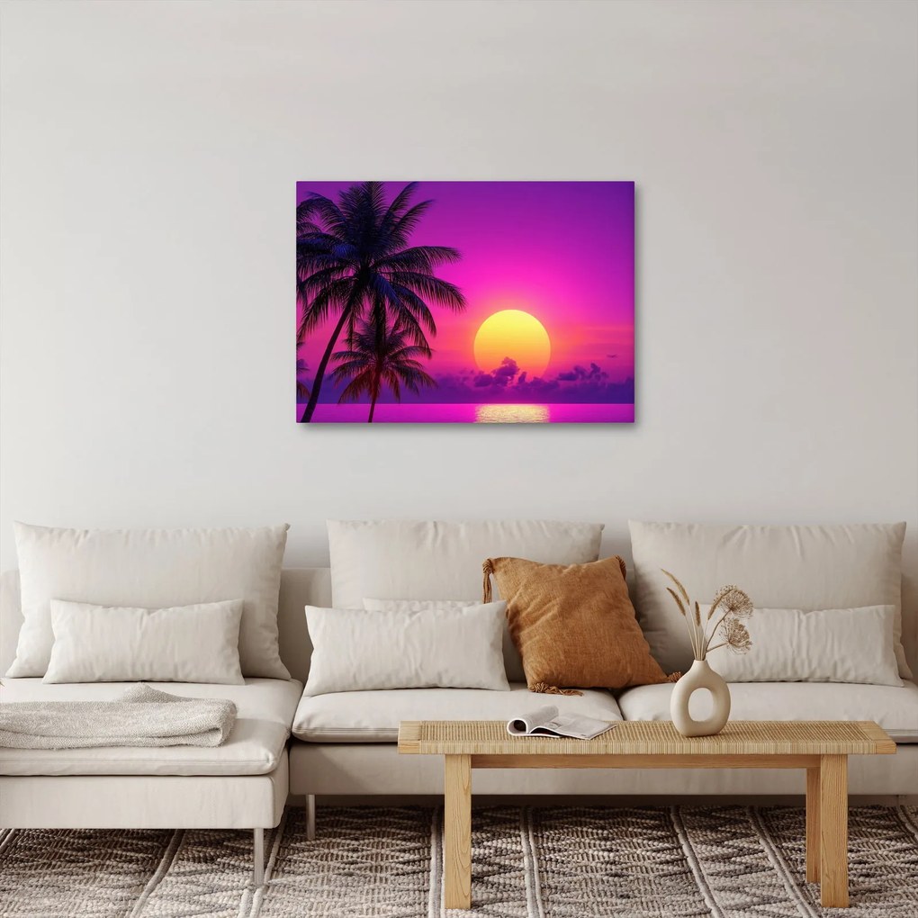 Tablou - Apus violet cu palmier (70x50 cm)