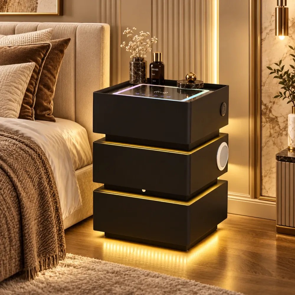 SÉLIA — Noptieră inteligentă cu încărcare Wireless, Bluetooth Stereo, iluminare RGB, USB + Type-C și senzor de mișcare, Negru