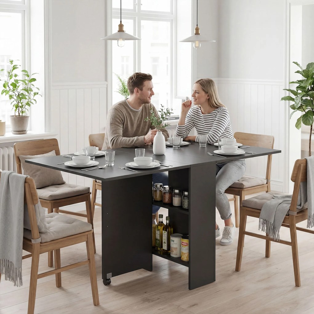HOMCOM Masă Pliantă din Lemn cu Roți, pentru 4-6 Persoane, 75x140x75 cm, Negru | Aosom Romania