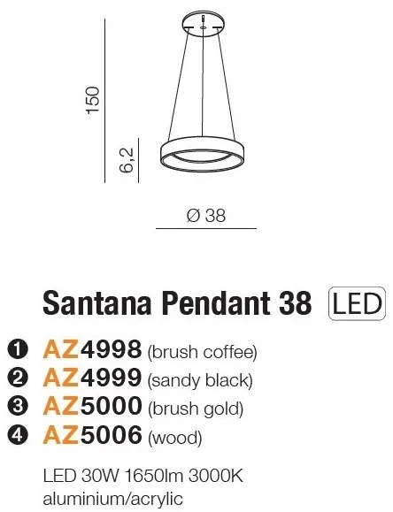 Lustra LED suspendata design circular SANTANA 38 3000K BK