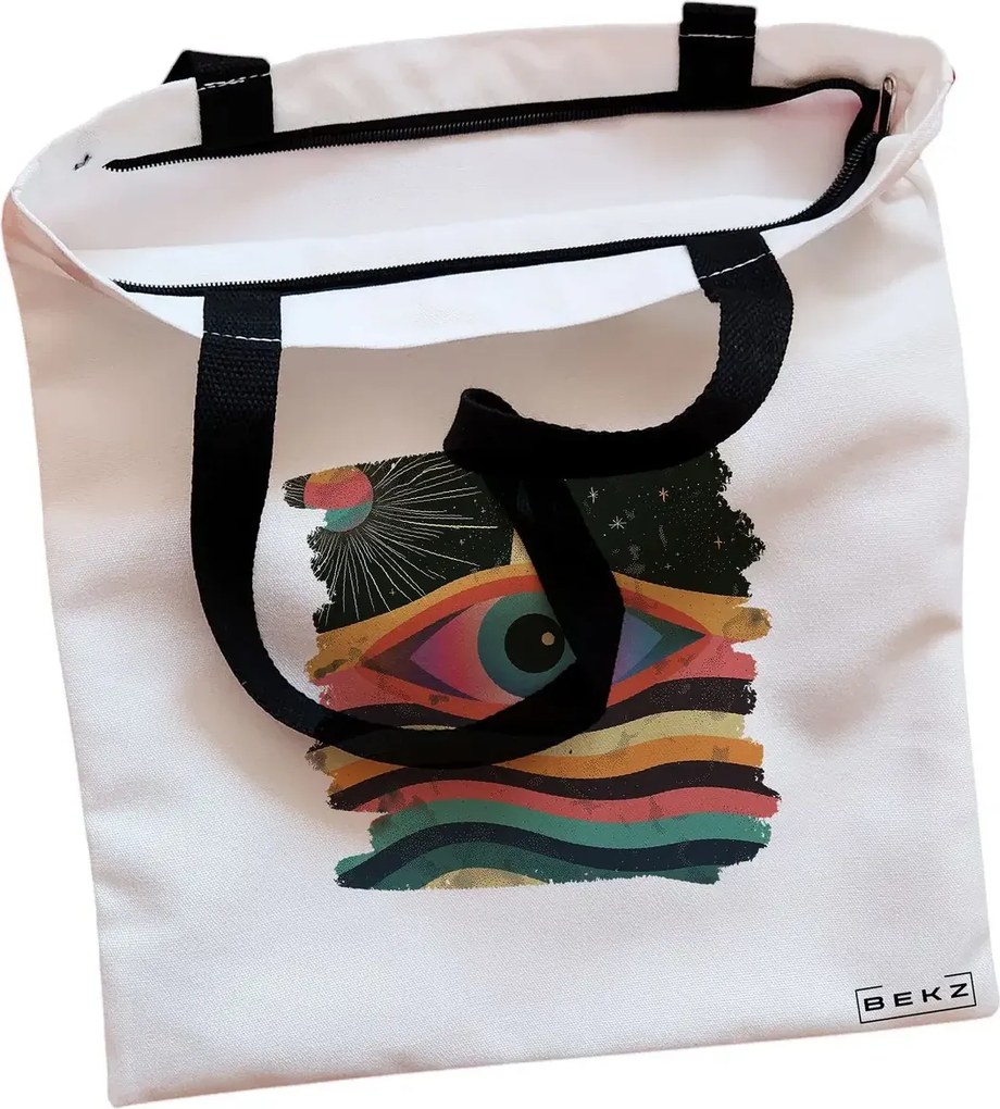 Sacosa de Panza pentru Cumparaturi, Geanta Tote, model Celestial Eye 16, Cu fermoar, 38x34.5 cm, Alba, BEKZ®