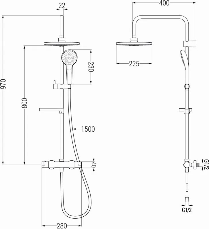 Mexen KX05 set de duș montat pe suprafață cu efect de ploaie și baterie termostatică, aur/alb - 771500591-50