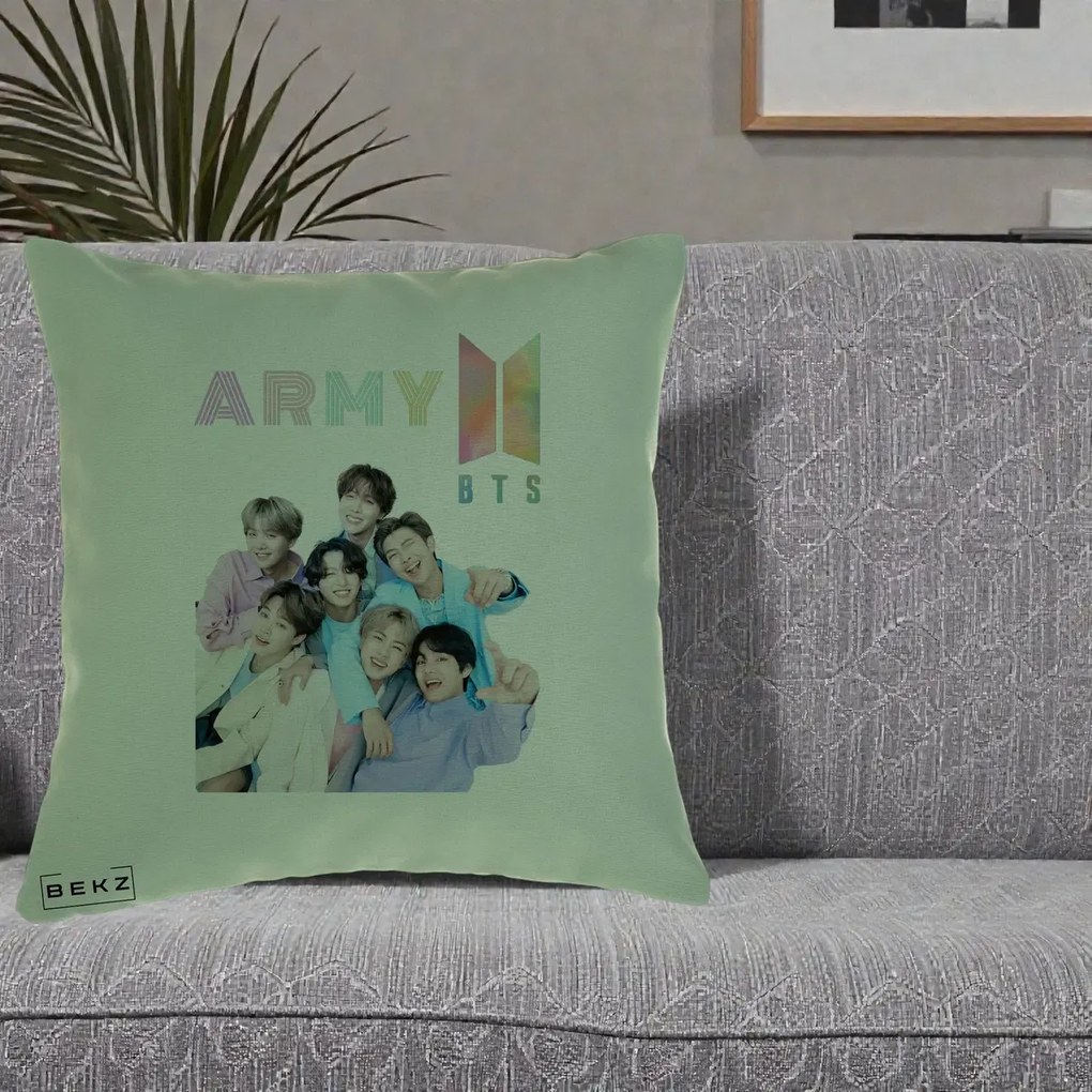 Perna Personalizata K-pop BTS ARMY Fotografie Grup Veseli, 40x40 cm, Verde, Husa Detasabila, Perna Inclusa, BEKZ®
