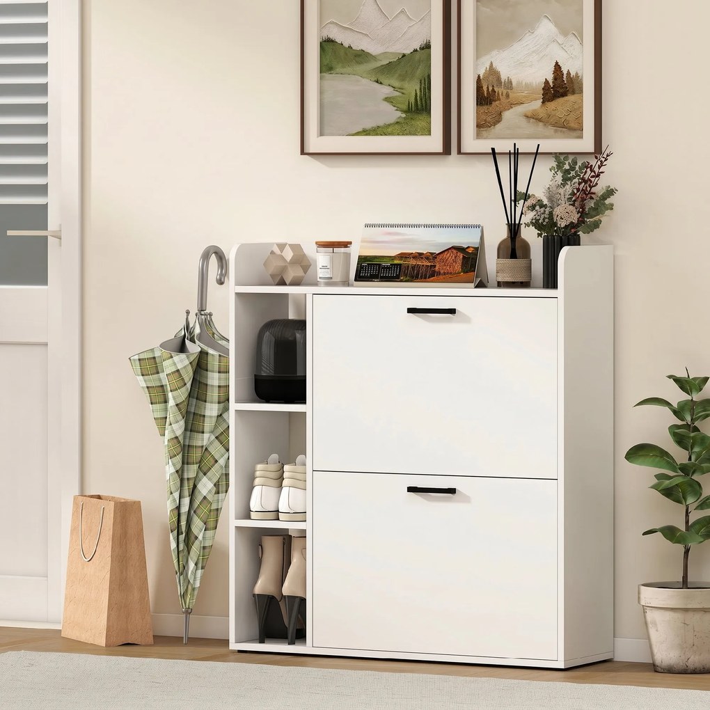 HOMCOM Dulap pentru pantofi slim cu 2 sertare rabatabile și 3 rafturi, Capacitate 15 perechi, 83x24x90.5 cm, Alb | Aosom Romania