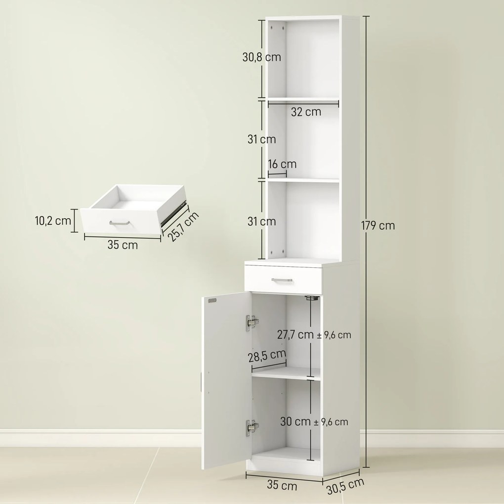 HOMCOM Dulap înalt pentru baie, design subţire, sertar, rafturi, dulap, placaj, alb | Aosom Romania