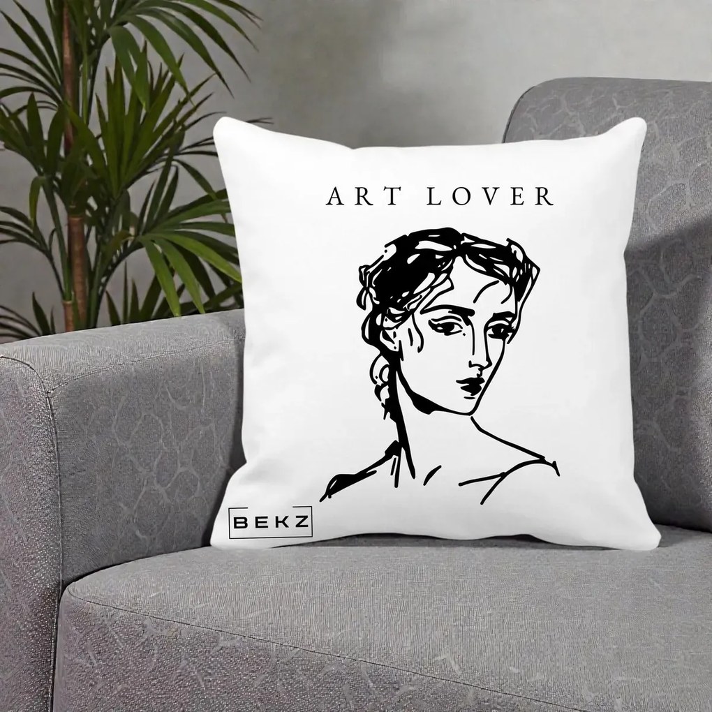 Perna Decorativa Art Lover Portret Grafic, 40x40 cm, Alba Mata, Husa Detasabila, Perna Inclusa, BEKZ®