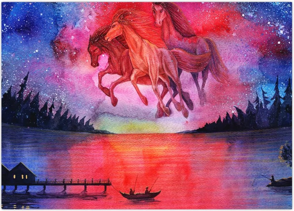 Tablou - Apariția cailor spațiali peste lac, acuarelă (70x50 cm)