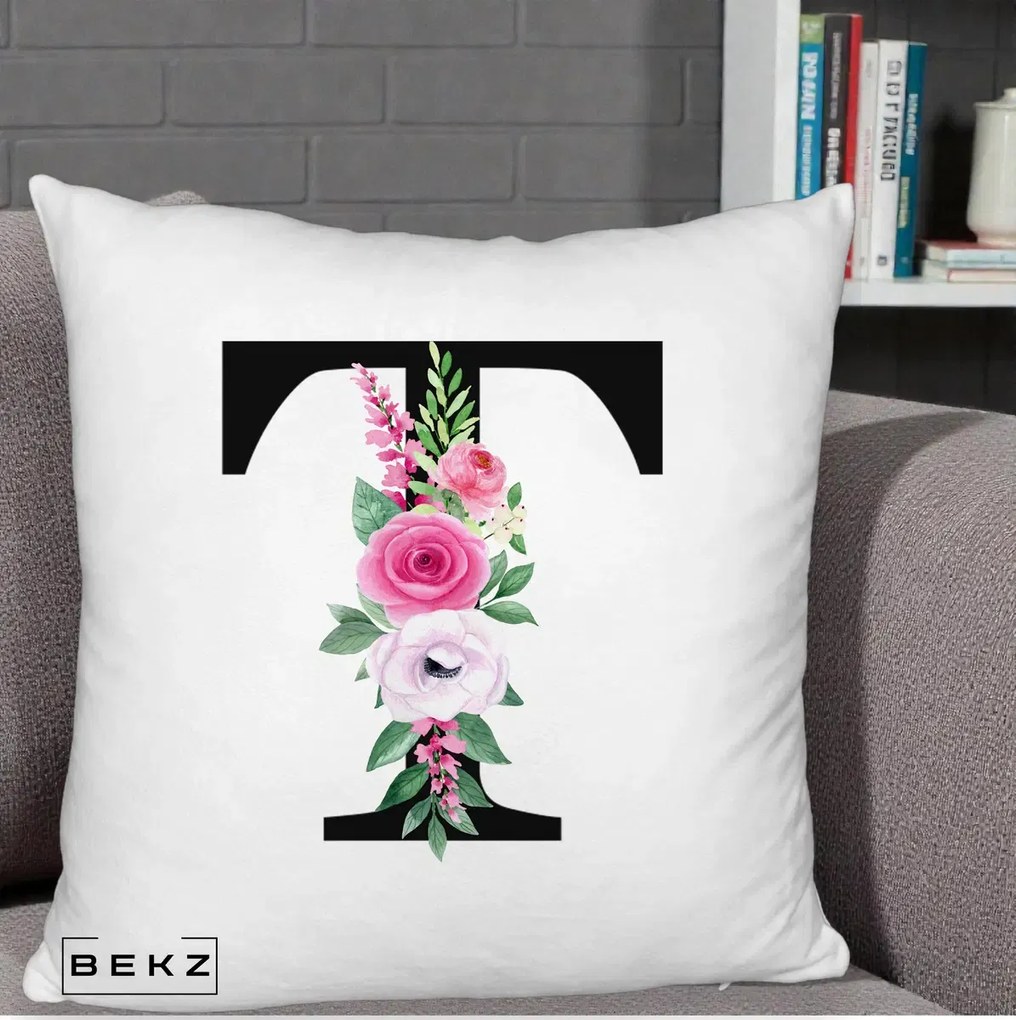 Cadou Personalizat - Perna Personalizata Monograma Florala Litera T, 40x40 cm, Alb Pufos, Husa Detasabila, Perna Inclusa, BEKZ®