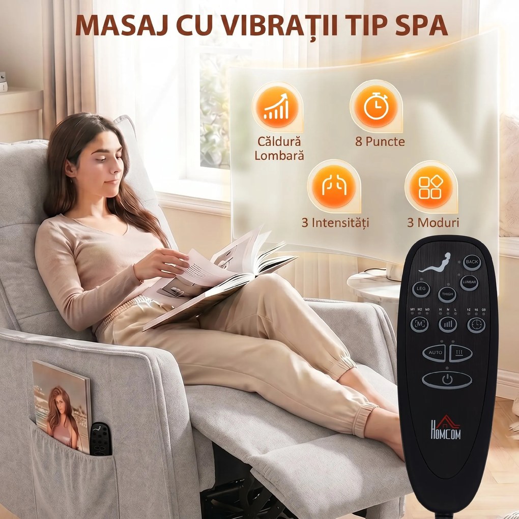 HOMCOM Fotoliu Masaj Reclinabil cu Încălzire Rotativ din Chenille cu Suport pentru Picioare și Telecomandă, Gri Deschis | Aosom Romania